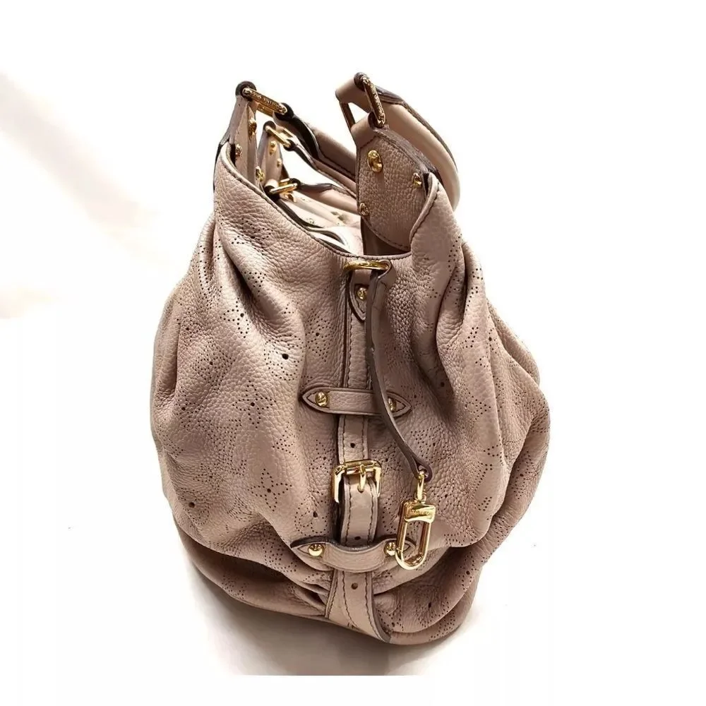 Auth Louis Vuitton Neutrals Monogram Mahina L Hobo M93123 LV Handbag Beige Purse